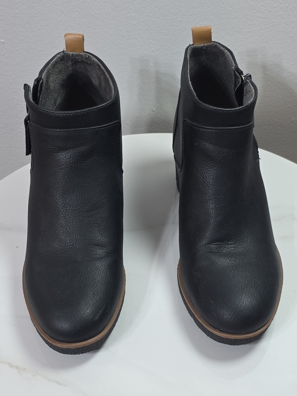 Black Ankle Booties with Tan Pull Tab - Women's Fashion Boots